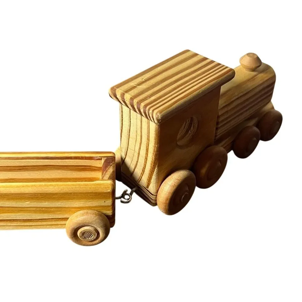 Wooden Train Set Kids Toy Wheeled Engine Cars Flatbed Caboose Wood Four Piece